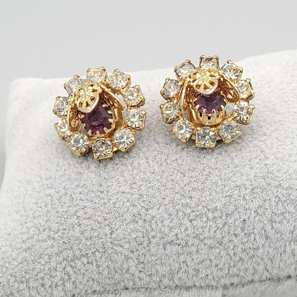 Womens Gold Tone Metal Rhinestone Detailed Flower Brooch & Clip On Earrings Set - Picture 3 of 6